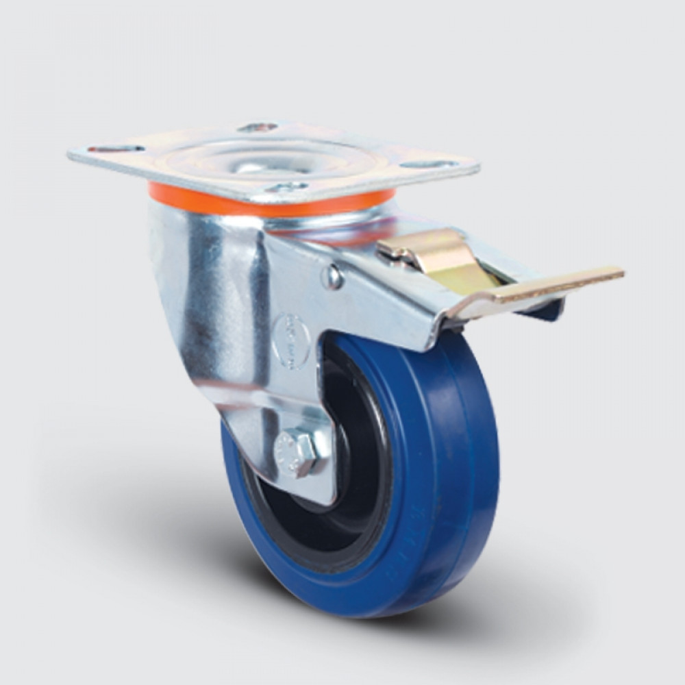 Колесо эластичная синяя резина поворотное с тормозом 100 мм диск-полиамид (EM01 ZMRm 100 F)