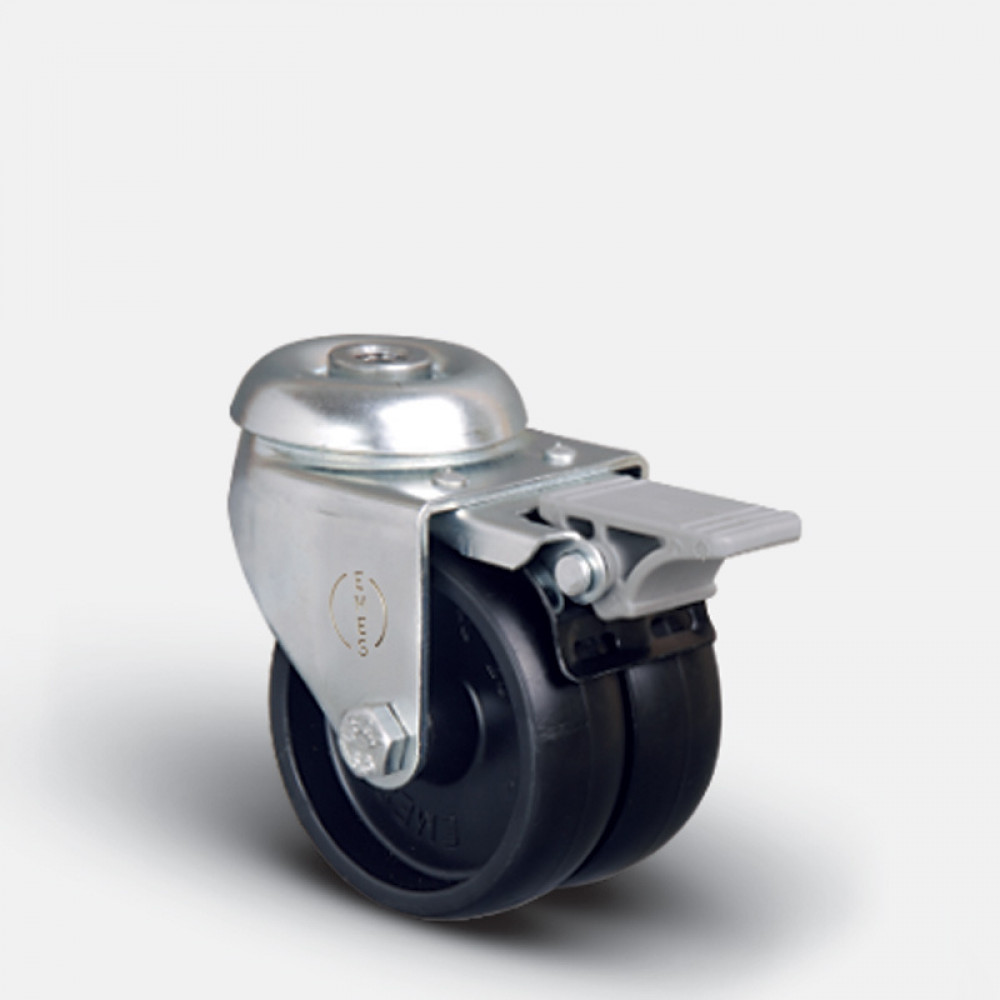 Аппаратное сдвоенное колесо под болт М10 с тормозом 75 мм ( ET04 MKM 75 F), диск-полипропилен черное