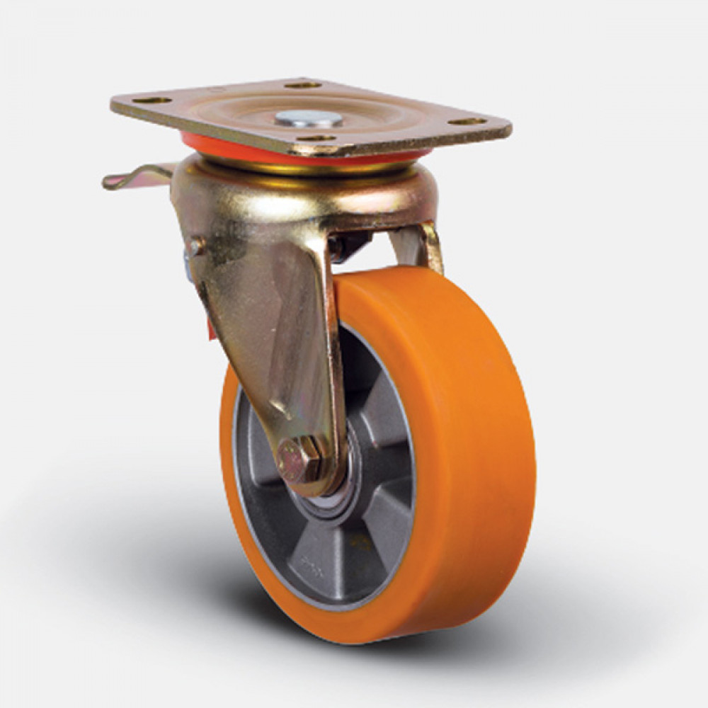 Колесо полиуретановое, диск алюминий, поворотное с тормозом, 125 мм ( ED01-ABP-125-F )