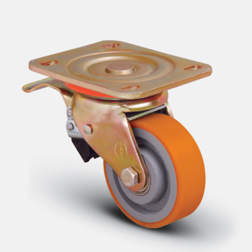 Колесо полиуретановое поворотное с тормозом, диск-чугун, 200 мм ( ED01 VBP 200 F )