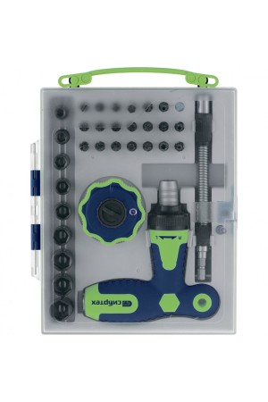 Отвертка Т-образная и трещотка, реверсивные с набором бит, торцевых головок, 34 предмета, CrV Сибртех