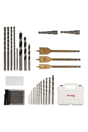 Набор сверл комбинированный, сверла по металлу 1-6.5 мм, бетону 4-8 мм, дереву 4-10 мм, перовые 16,22,25 мм, биты 20 шт, адаптер, головки 2 шт, зенковка, 50 предметов Pro Matrix