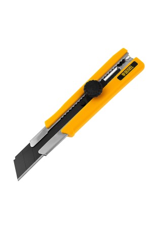 Нож, 25 мм, сменное лезвие, SK4, корпус из TPR, метал. направляющая, винтовой фиксатор// Denzel