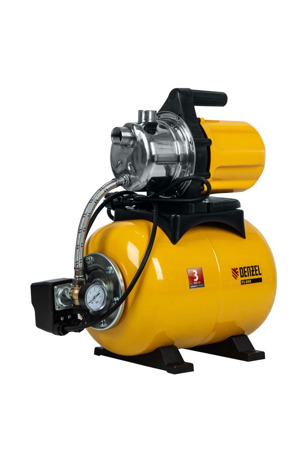 Насосная станция PS800X, 800 Вт, 3200 л/ч, ресивер 24 л, подъем 38 м, нержавейка Denzel