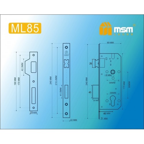 Замок врезной ML85 Полированная латунь (PB)