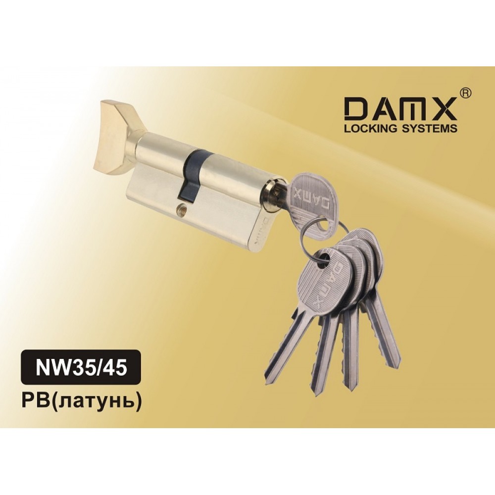 Цилиндровый механизм DAMX Простой ключ-вертушка NW35/45 мм Цвет: PB - Полированная латунь