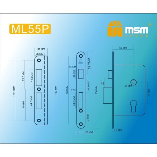 Замок врезной ML55P Полированная латунь (PB)