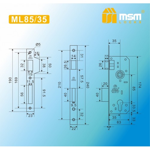 Замок врезной ML85/35 Полированная латунь (PB)