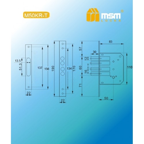 Замок врезной крестовой ключ M50KR-Т Полированная латунь (PB)