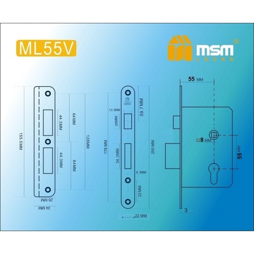 Замок врезной ML55V Полированная латунь (PB)