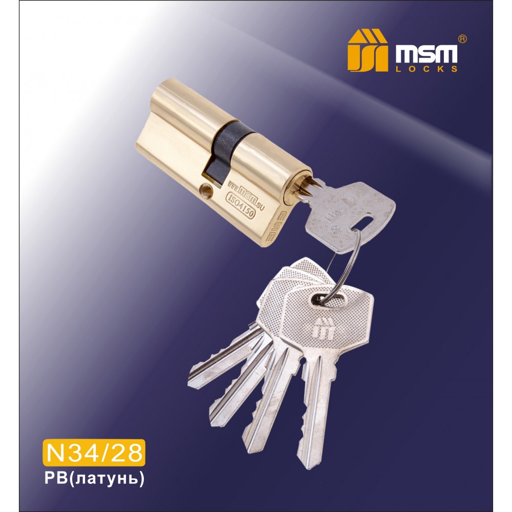 Цилиндровый механизм Простой ключ-ключ N34/28 мм Цвет: PB - Полированная латунь