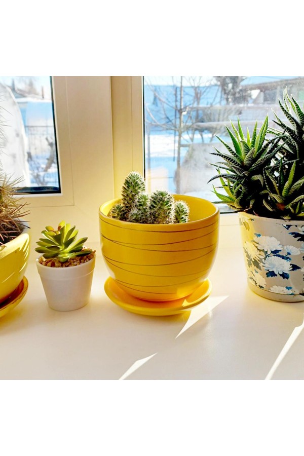Керамический горшок с подставкой, 1,05л., Д145 Ш145 В106, желтый