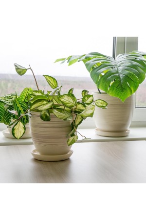 Керамический горшок с подставкой Волна, 4, 7л., Д210 Ш210 В200, бежевый