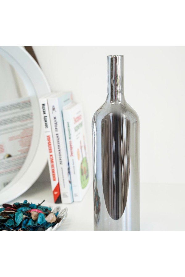 Декоративная ваза-бутылка из стекла с зеркальным покрытием, Д85 Ш85 В345, серебряный