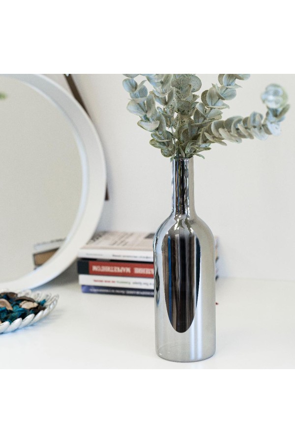 Декоративная ваза-бутылка из стекла с зеркальным покрытием, Д85 Ш85 В280, серебряный