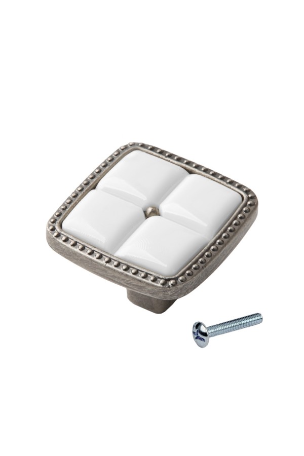 Ручка-кнопка с фарфором, старинное серебро/белый