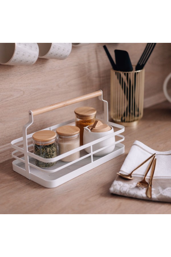 Металлическая корзина c деревянной ручкой, матовый белый