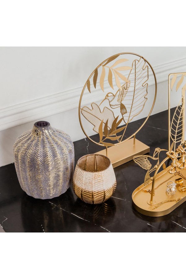 Декоративная стеклянная ваза, Д140 Ш140 В190, серый с золотым напылением