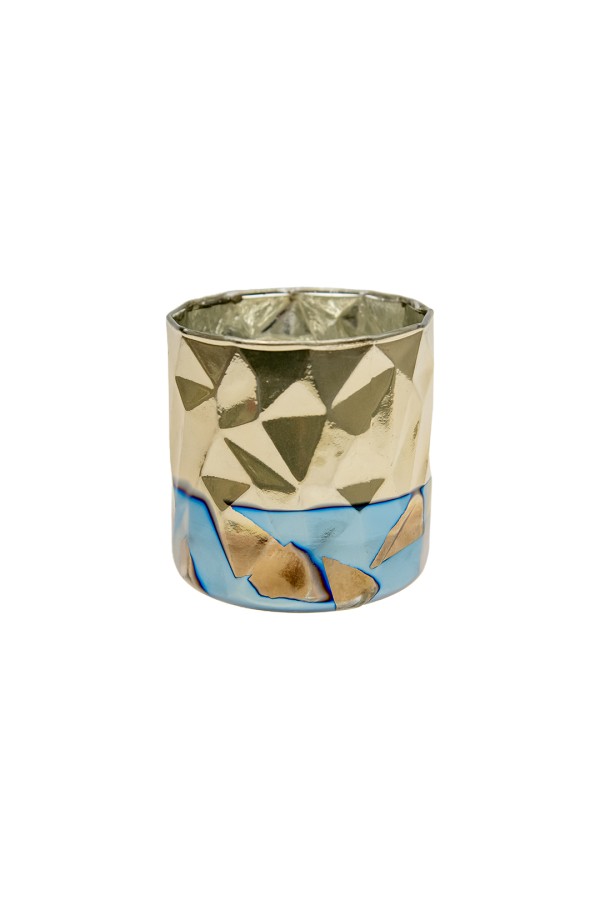 Декоративный стеклянный подсвечник, Д90 Ш90 В90, синий с золотым напылением