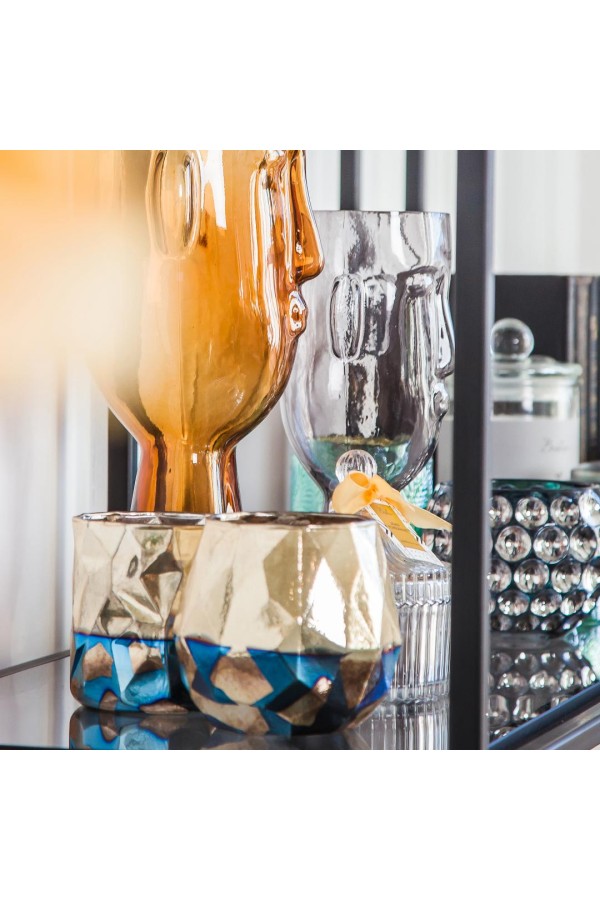 Декоративный стеклянный подсвечник, Д105 Ш105 В102, синий с золотым напылением