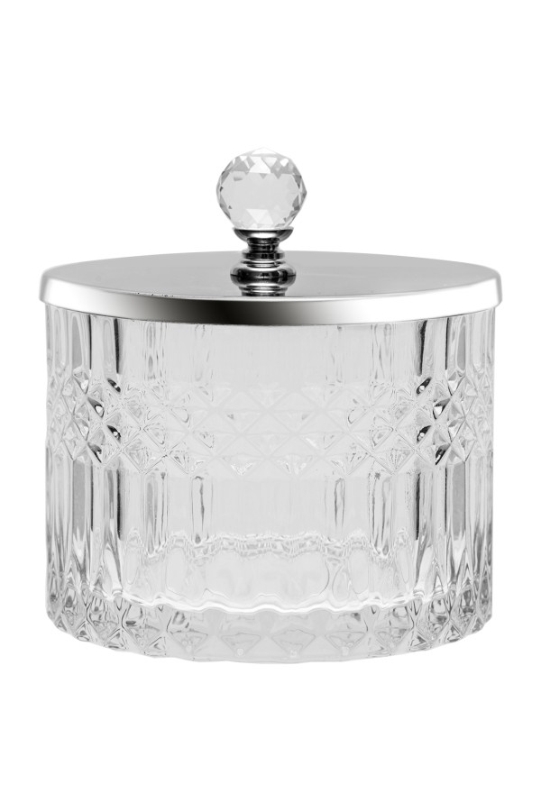 Стеклянная шкатулка с серебряной крышкой, Д105 Ш105 В120, прозрачный