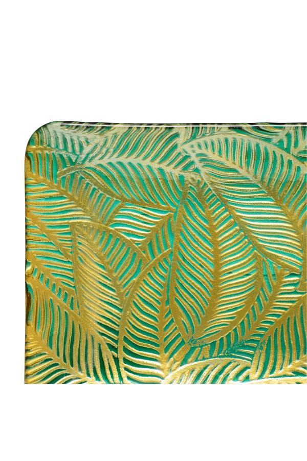 Блюдо стеклянное прямоугольное Листья, Д305 Ш225 В25, зеленый, золотой