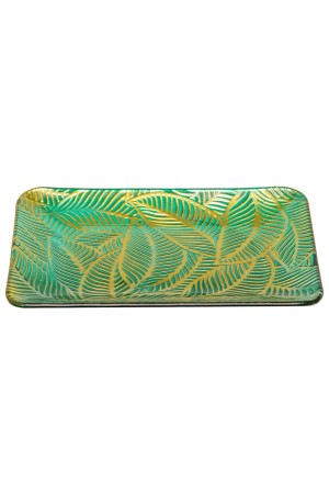 Блюдо стеклянное прямоугольное Листья, Д305 Ш225 В25, зеленый, золотой