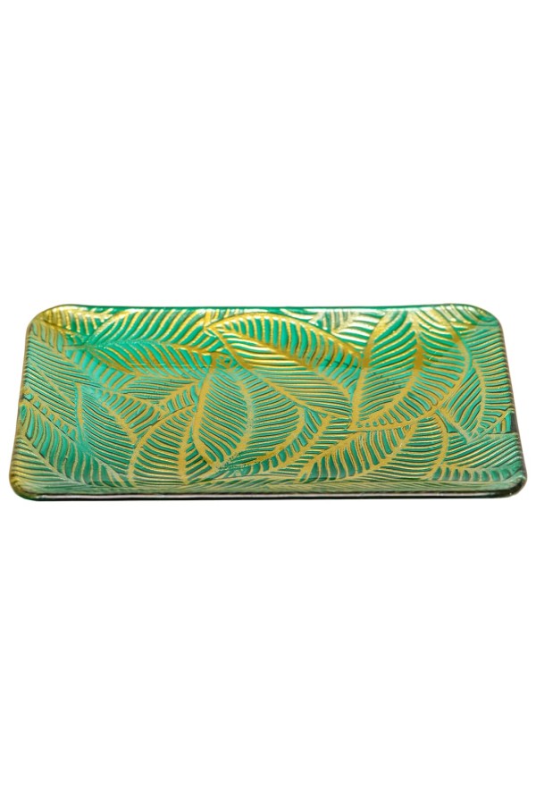 Блюдо стеклянное прямоугольное Листья, Д305 Ш225 В25, зеленый, золотой