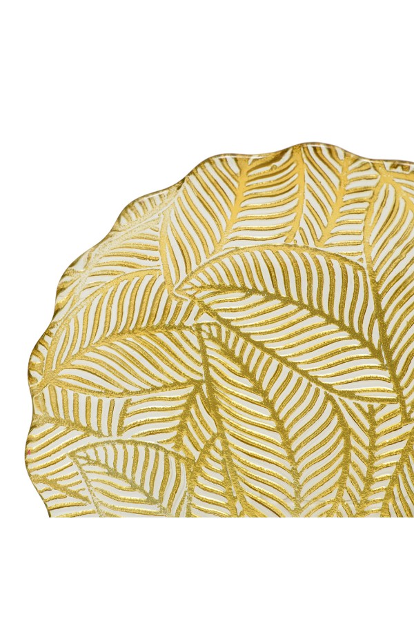 Блюдо стеклянное с волнистыми краями Листья, D305, прозрачный, золотой