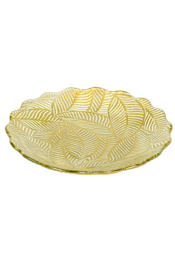 Блюдо стеклянное с волнистыми краями Листья, D305, прозрачный, золотой