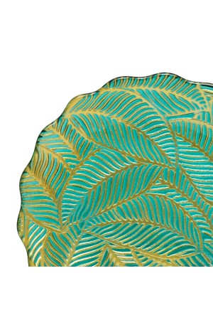 Блюдо стеклянное с волнистыми краями Листья, D305, зеленый, золотой