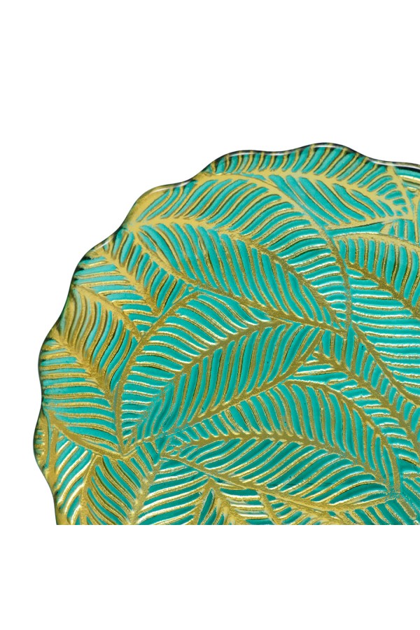 Блюдо стеклянное с волнистыми краями Листья, D305, зеленый, золотой