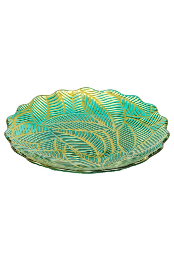 Блюдо стеклянное с волнистыми краями Листья, D305, зеленый, золотой