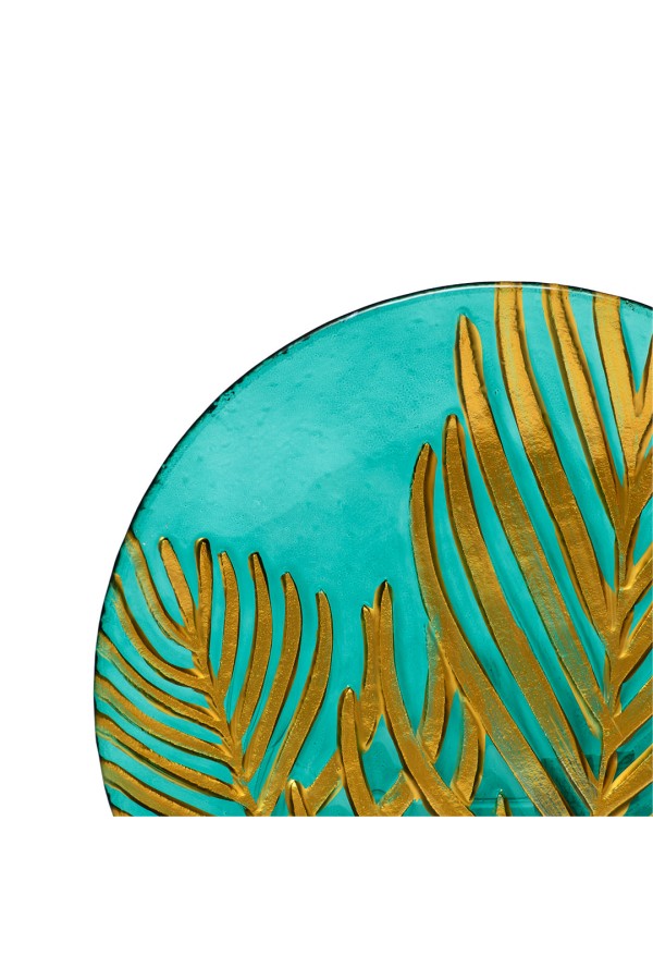 Блюдо стеклянное круглое Лист, D305, зеленый, золотой