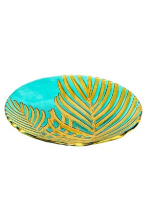 Блюдо стеклянное круглое Лист, D305, зеленый, золотой