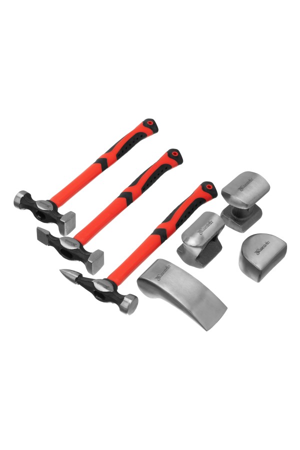 Набор рихтовочный, 3 молотка с фибергласовыми ручками, 4 наковальни, пластиковый бокс Matrix