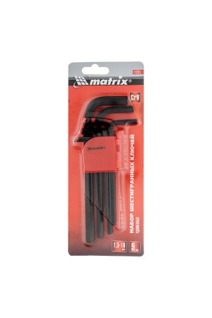 Набор ключей имбусовых HEX, 1.5-10 мм, CrV, 9 шт, удлиненные Matrix