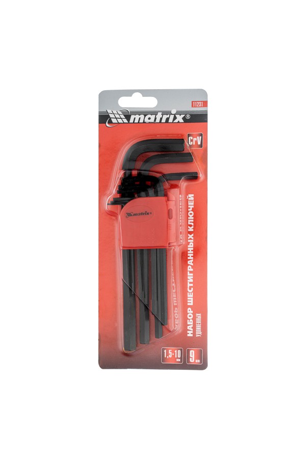 Набор ключей имбусовых HEX, 1.5-10 мм, CrV, 9 шт, удлиненные Matrix