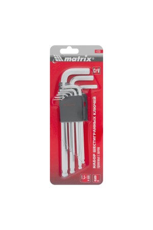Набор ключей имбусовых HEX, 1.5-10 мм, CrV, 9 шт, удлиненные, сатин, с шаром Matrix