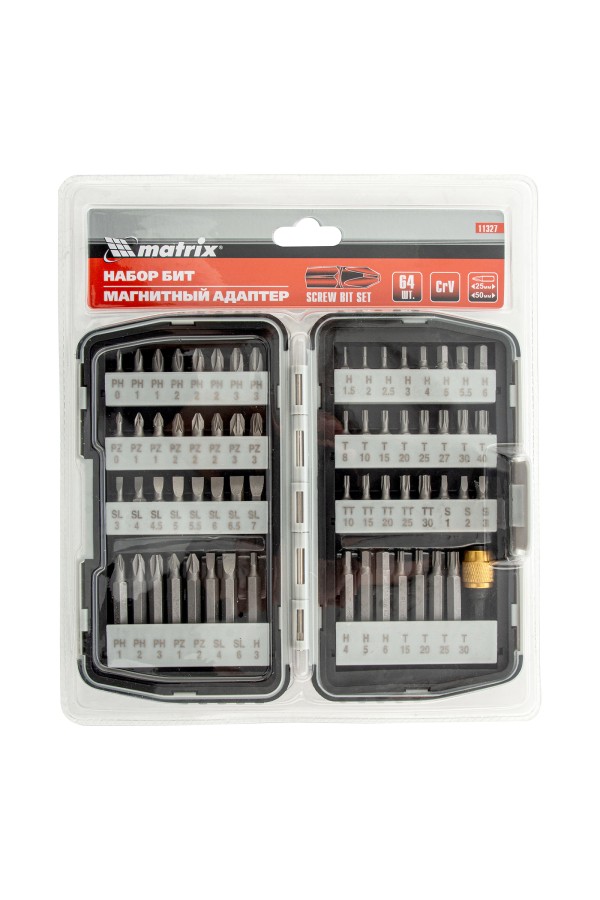 Набор бит, магнитный адаптер, CrV, пластиковый кейс, 64 шт. Matrix