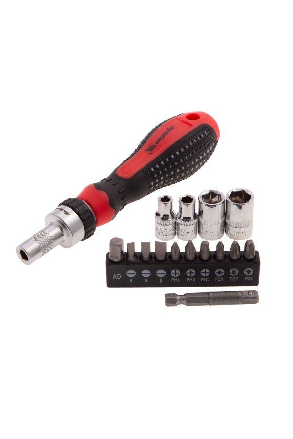 Отвертка реверсивная с набором бит и насадок торцевых, CrV, 1/4, 16 шт Matrix