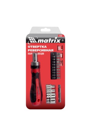 Отвертка реверсивная с набором бит и насадок торцевых, CrV, 1/4, 16 шт Matrix