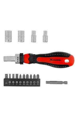 Отвертка реверсивная с набором бит и насадок торцевых, CrV, 1/4, 16 шт Matrix