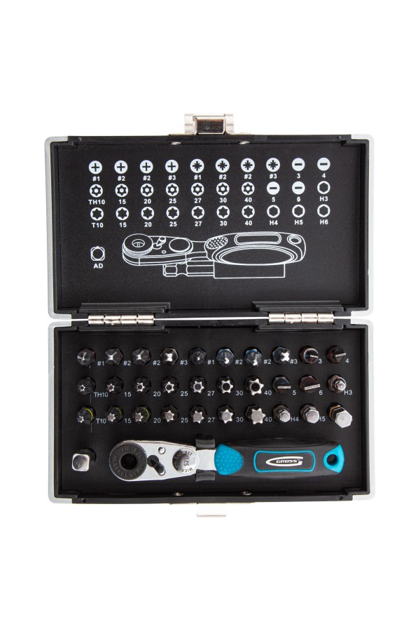 Набор бит, 1/4, магнитный адаптер, сталь S2, пластиковый кейс, 33 предмета Gross