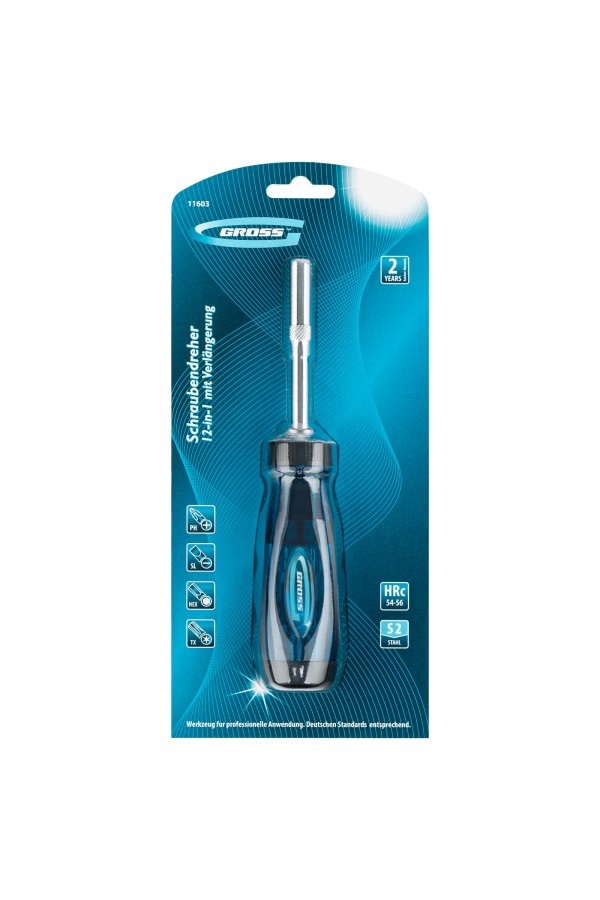 Отвертка реверсивная с удлинителем, трещотка 72 зуба, 12 шт, сталь S2 Gross