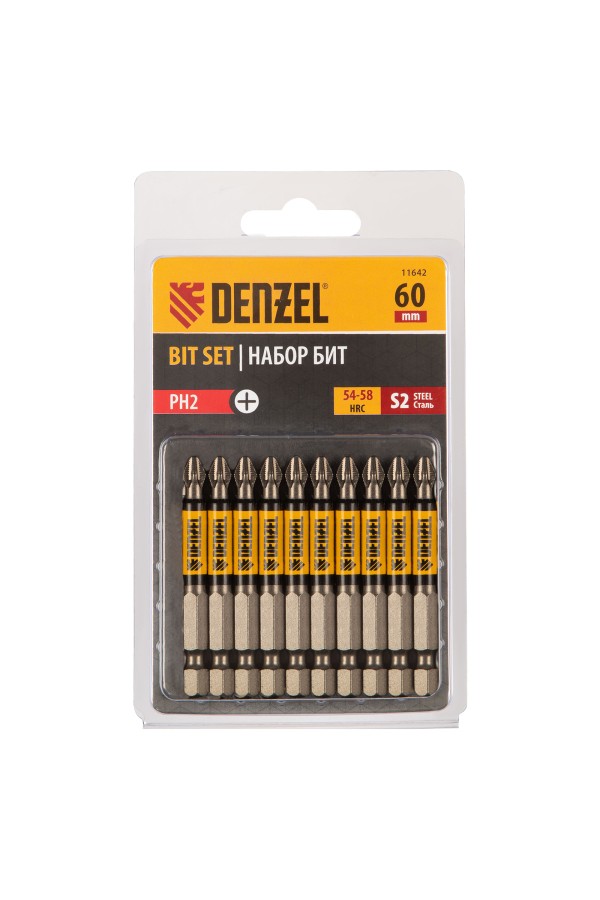 Бита PH2х60, сталь S2, цилиндр., 10 шт. Е 6,3 Denzel