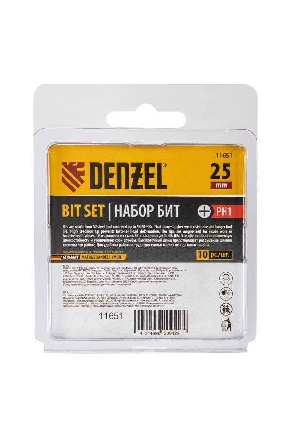 Бита PH1х25, сталь S2, шестигранный профиль, 10 шт. Е 6,3 Denzel