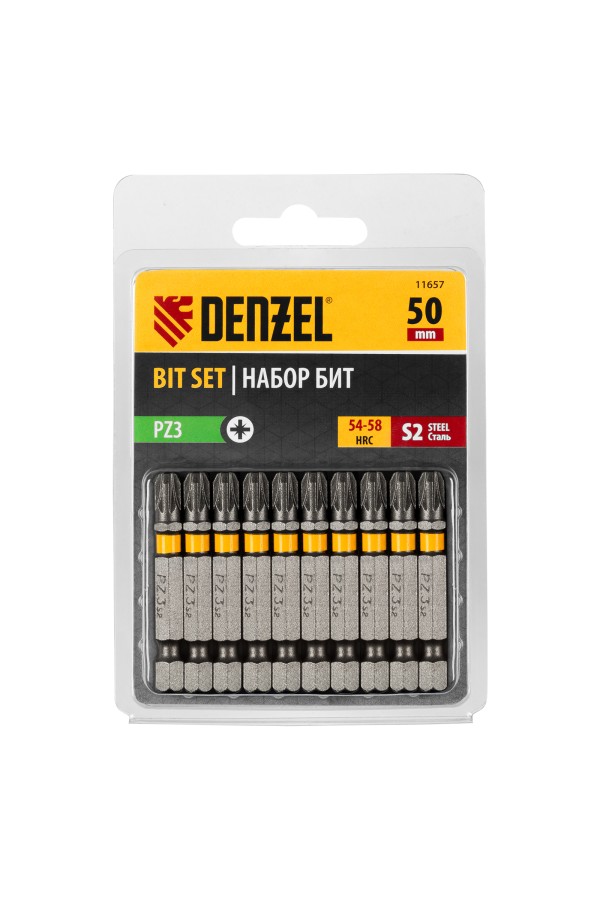 Бита PZ3х50, сталь S2, шестигранный профиль, 10 шт. Е 6,3 Denzel