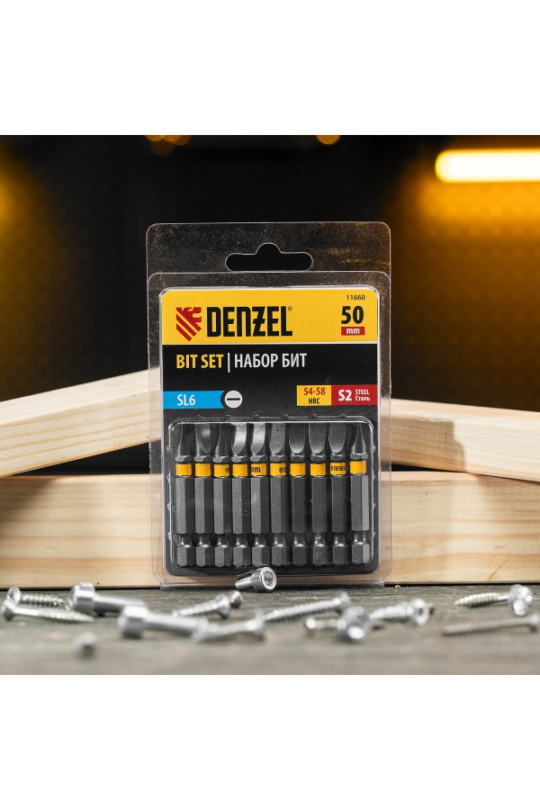 Бита SL6,0х50, сталь S2, шестигранный профиль, 10 шт. Е 6,3 Denzel