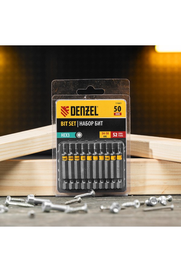 Бита HEX 3х50, сталь S2, шестигранный профиль, 10 шт. Е 6,3 Denzel